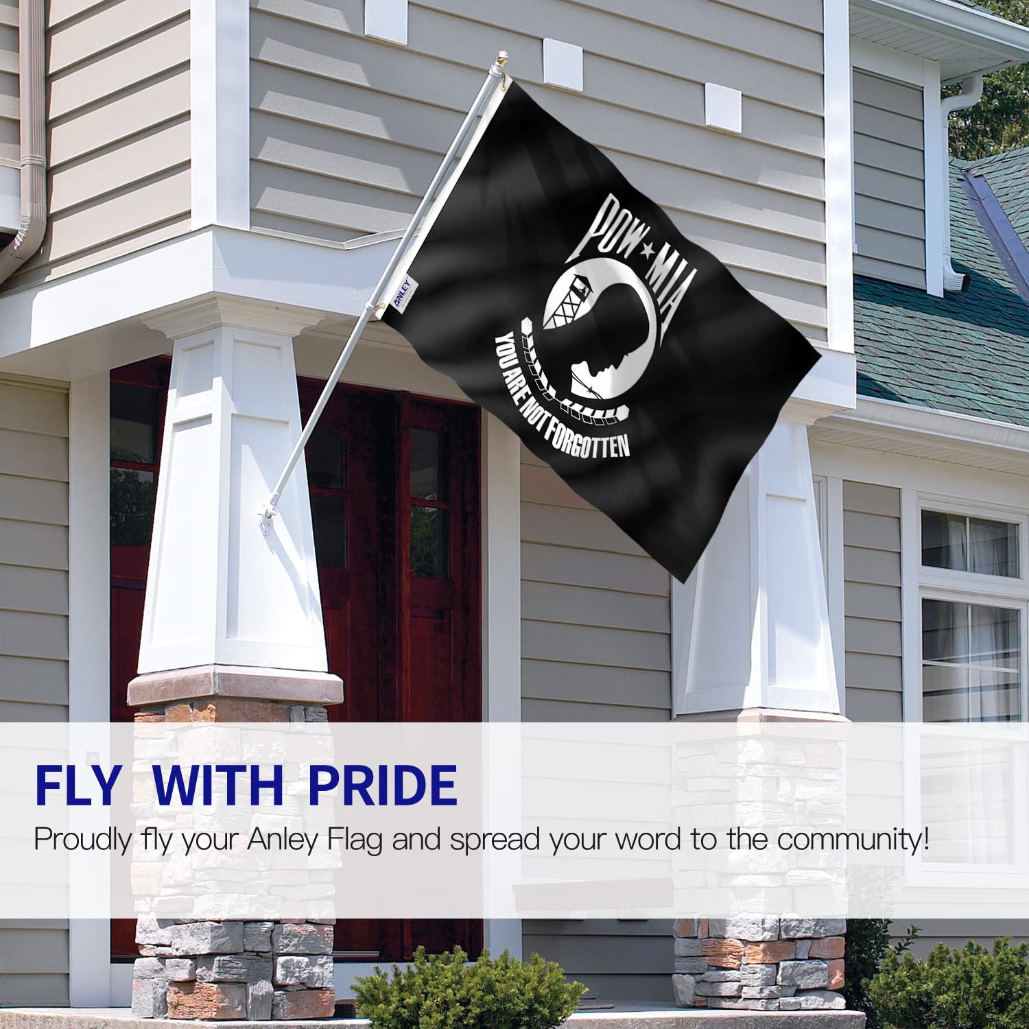 Anley POW MIA flag close-up showing fade-proof color on polyester.