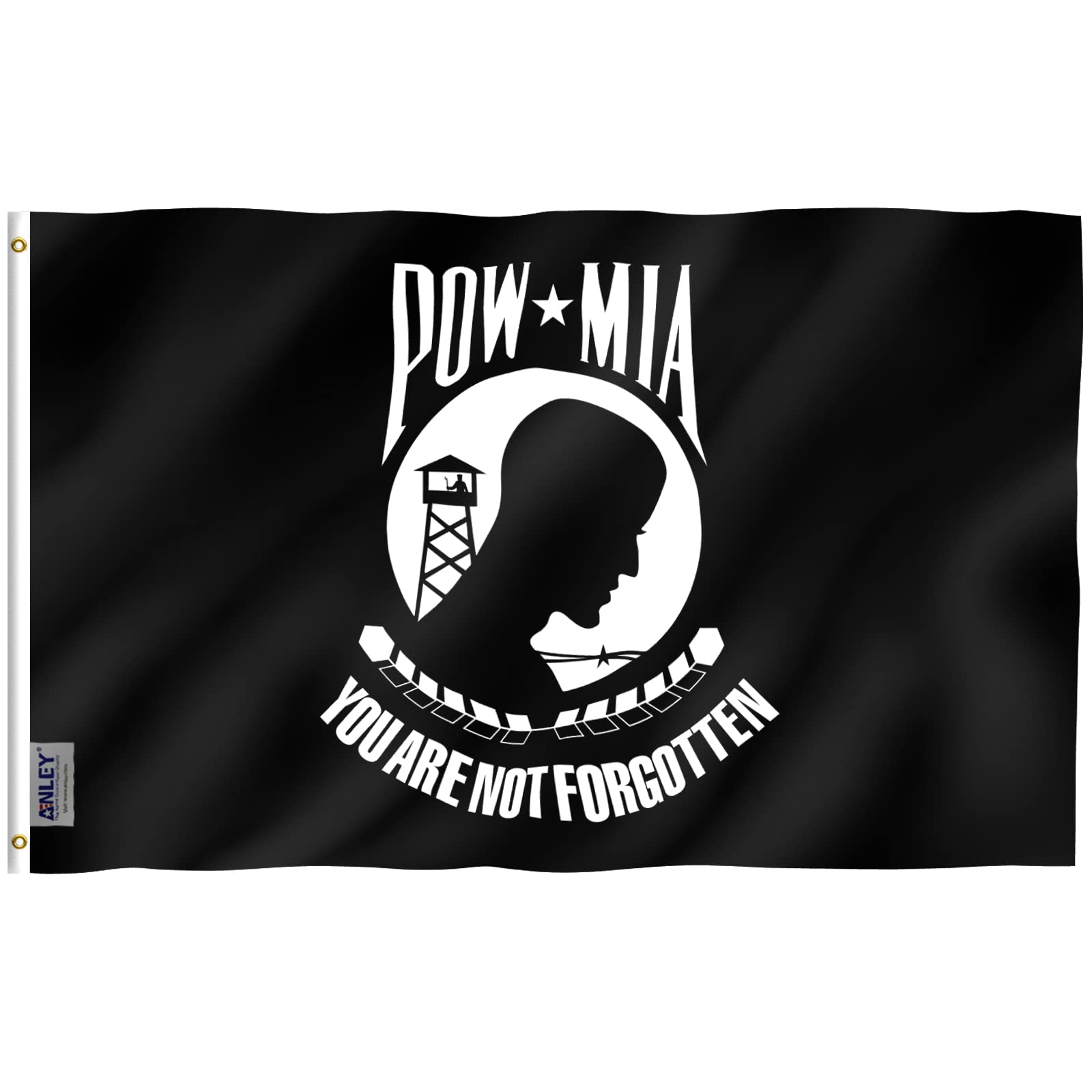 Anley POW MIA flag front view with vibrant color printing for outdoor use.