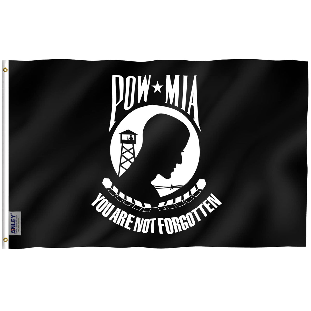 Anley POW MIA flag front view with vibrant color printing for outdoor use.