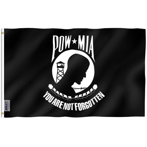 Anley POW MIA flag front view with vibrant color printing for outdoor use.