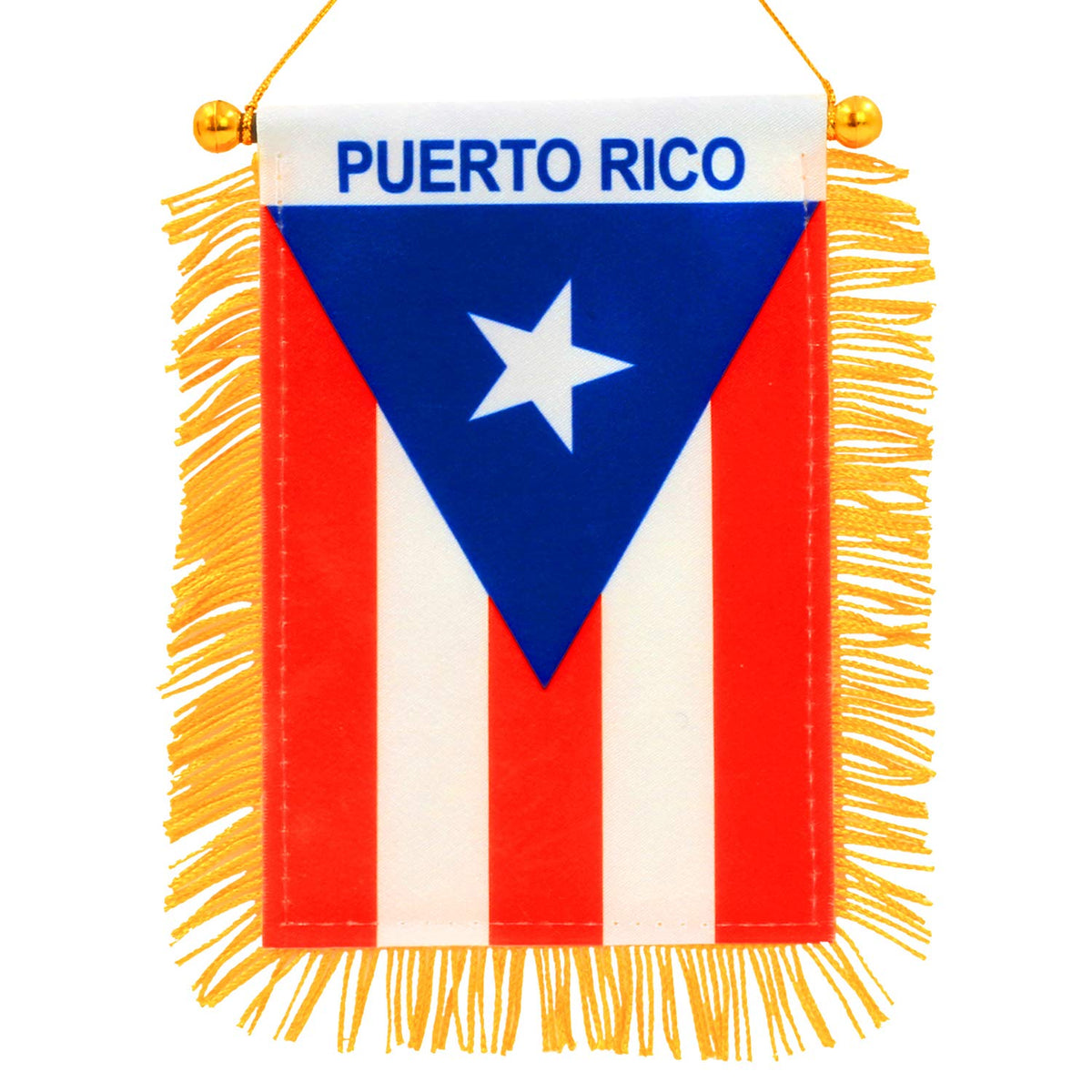 Anley Puerto Rico fringe window flag highlights stitched edges for durable car display.