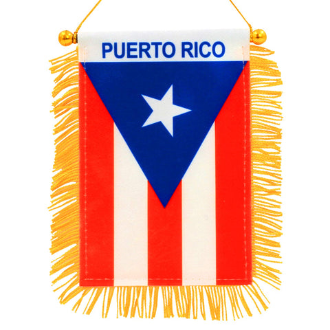 Anley Puerto Rico fringe window flag highlights stitched edges for durable car display.