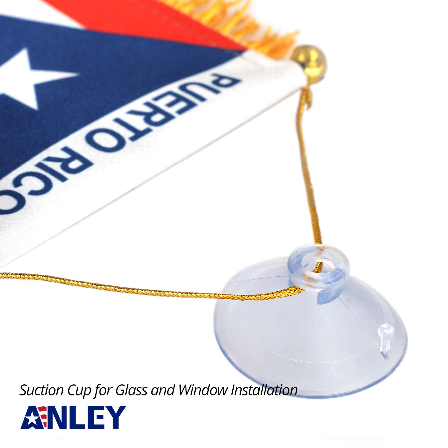 Sunlit display of Anley Puerto Rico fringe flag shows vivid colors.