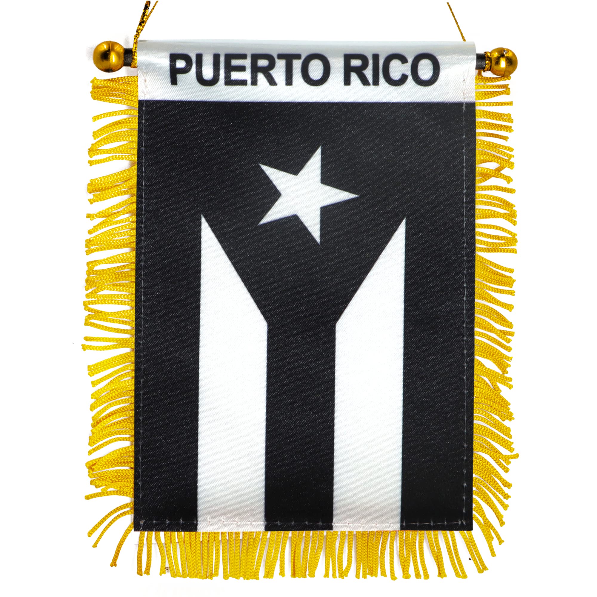 Anley Puerto Rico fringed flag 4x6 hanging on car window for pride display.