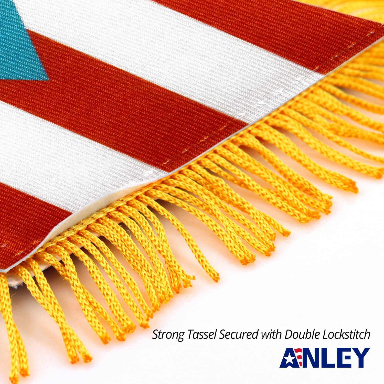 Anley Puerto Rico fringed flag hanging from rearview mirror for personal flair.