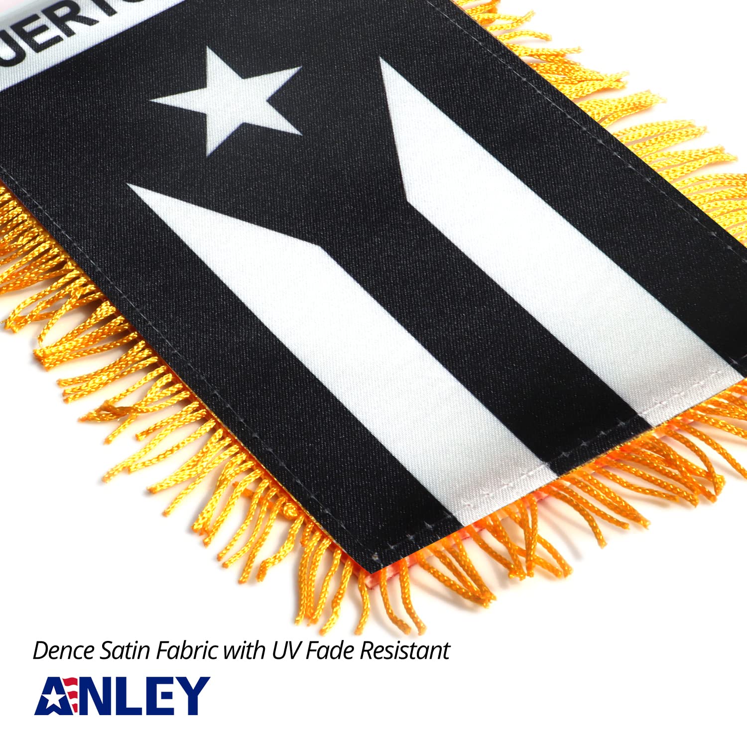 Anley mini banner framing a sunny windshield with vivid fade-resistant color.