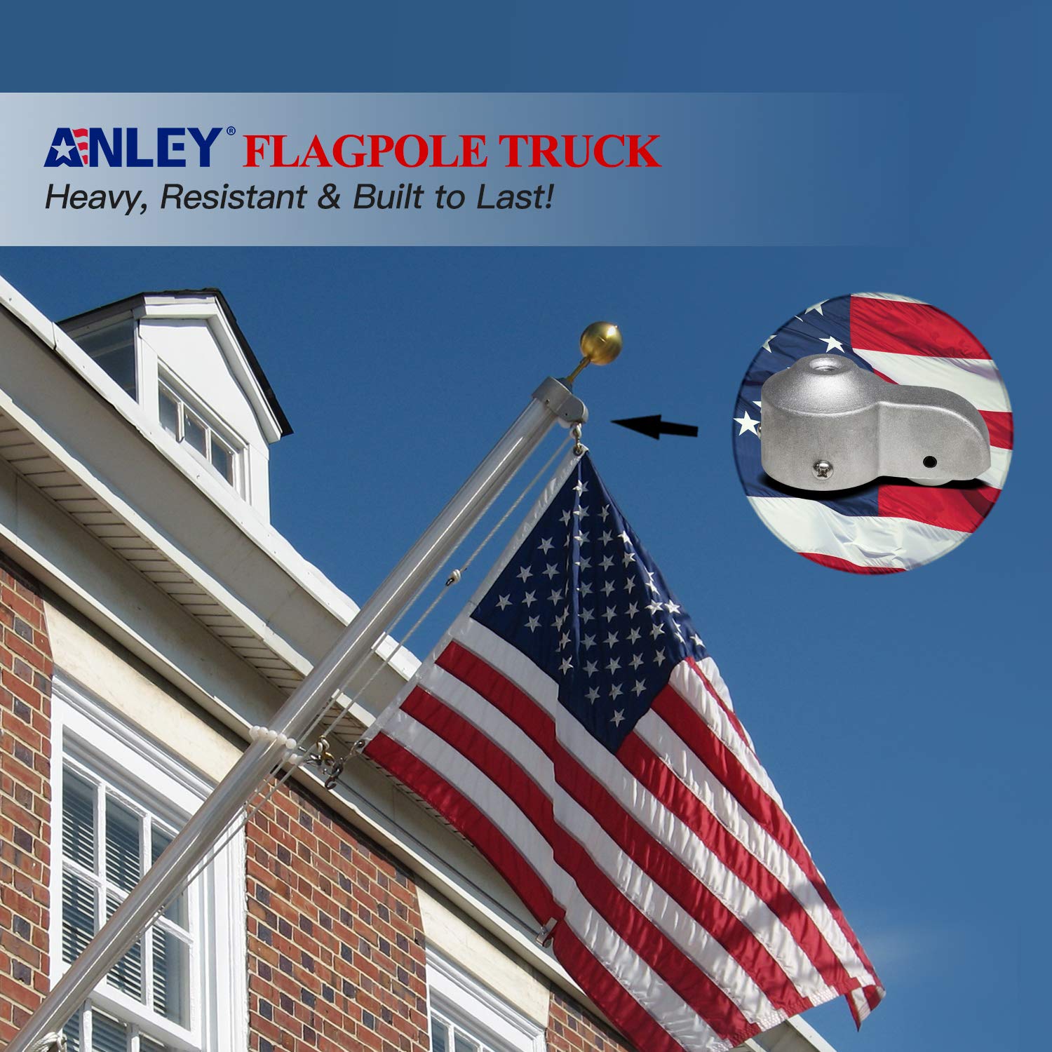 Anley flagpole truck fits 1.5–2 inch diameter poles for standard poles.