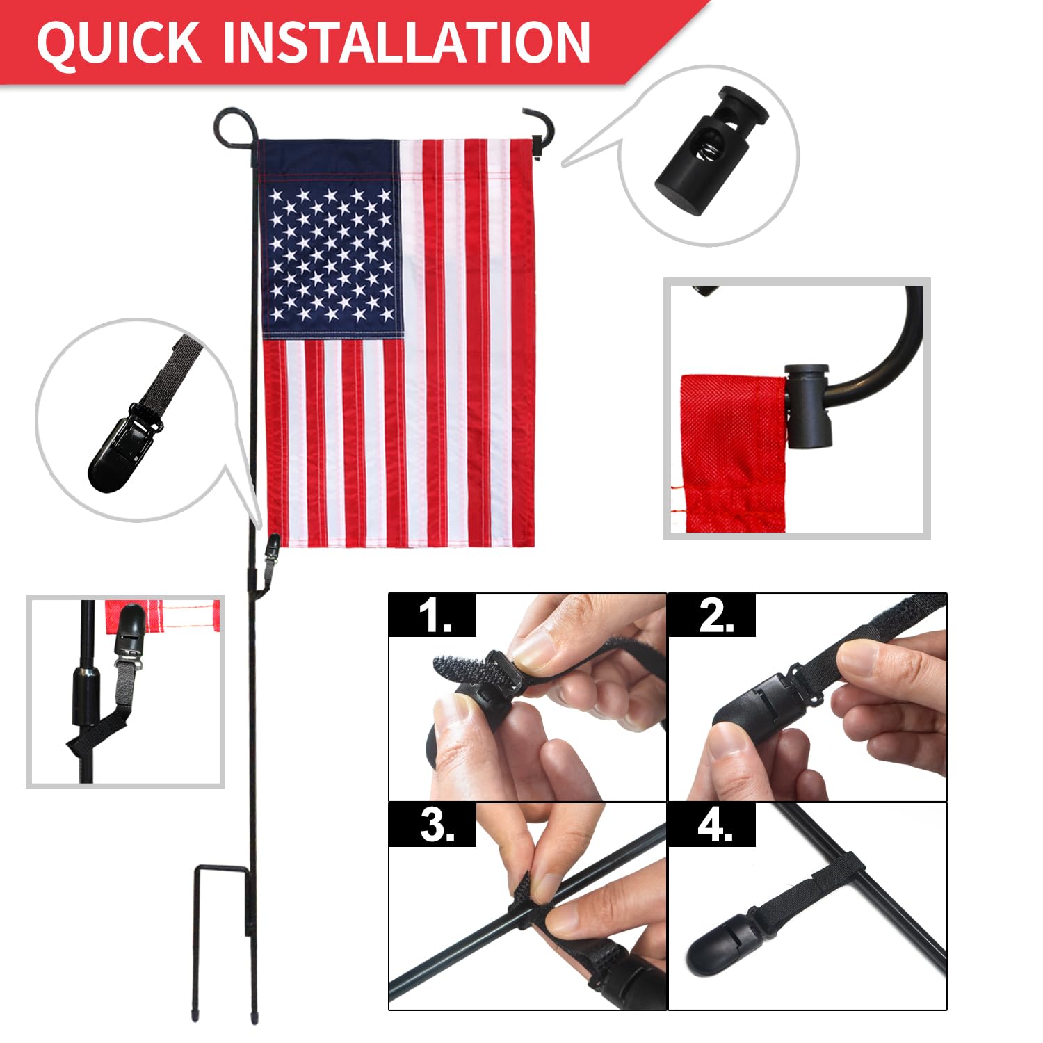 Anley upgraded anti-wind alligator clips keep flag corners in place on windy days.
