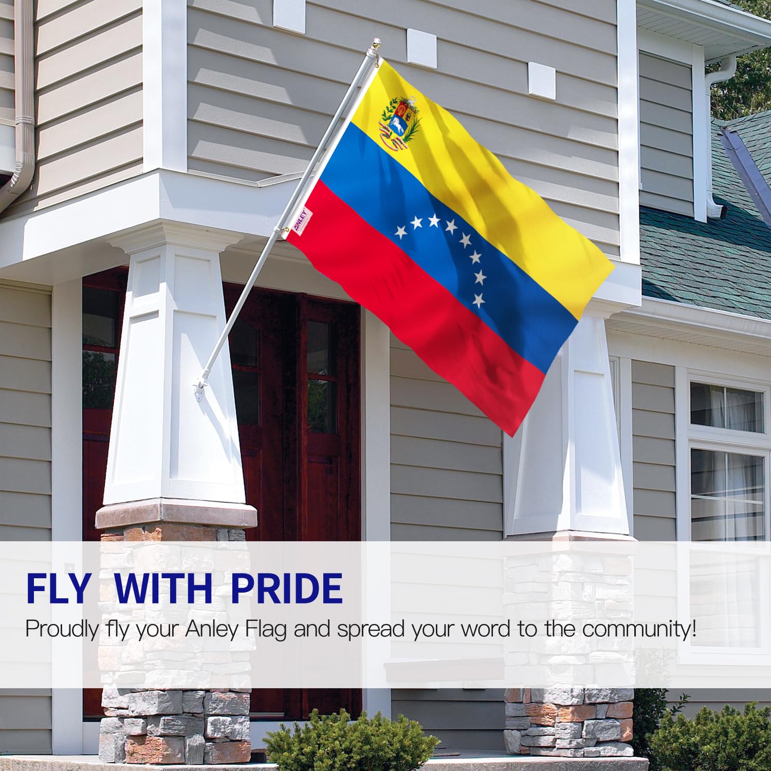 Anley Venezuela flag with canvas header shown close-up for durable, double-stitched construction.