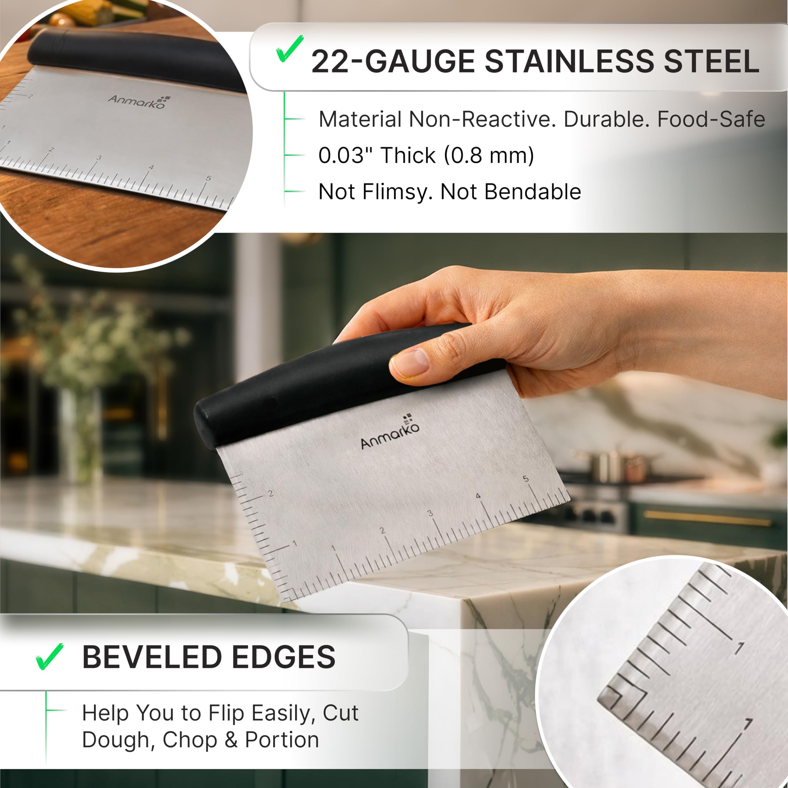 Anmarko bench knife dough cutter with bevelled edge for on-griddle slicing and portioning.