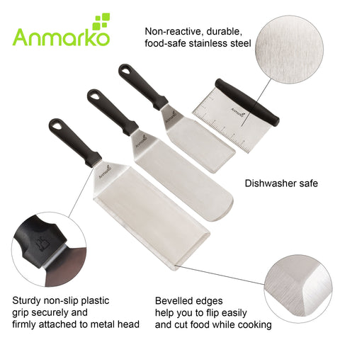 Anmarko griddle spatula with beveled edge for clean scraping and turning.