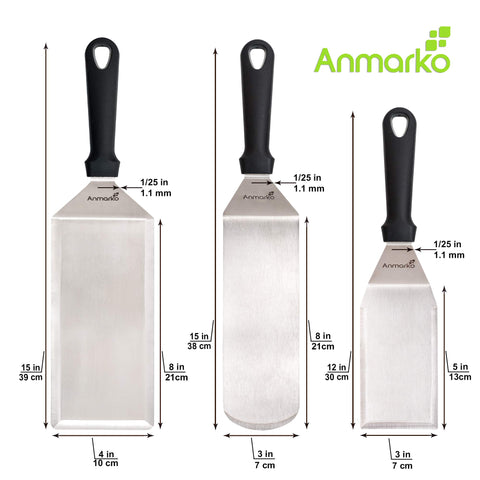 Anmarko hamburger turner wide blade for flipping thick patties safely.