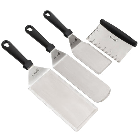 Anmarko pancake flipper with rounded corners for easy flipping on a hot griddle.