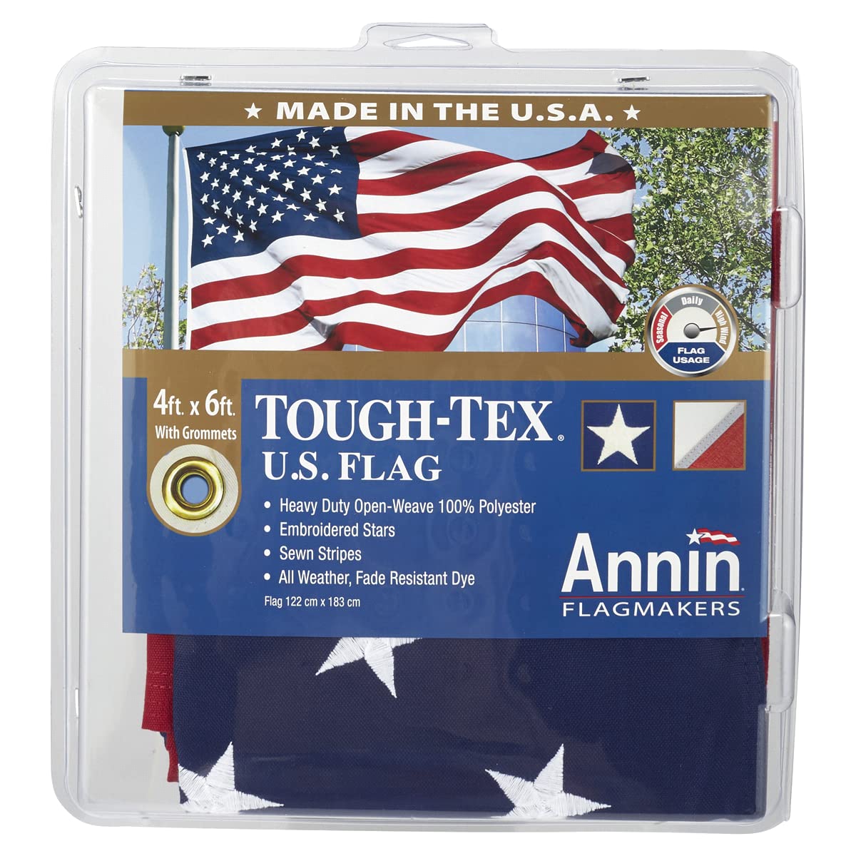 Annin Flagmakers Tough Tex US Flag 4x6 with embroidered stars for lasting outdoor color.