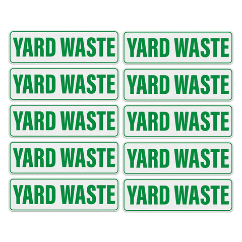 Anobell yard waste sticker on a metal bin shows weather-resistant labeling.