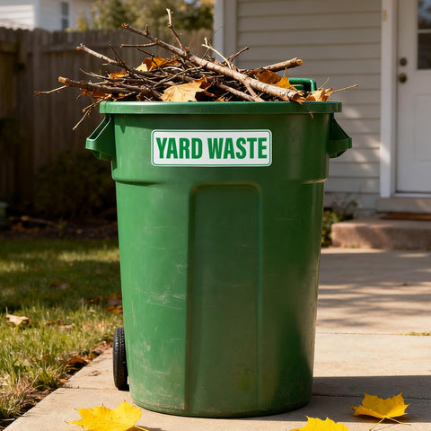 Visible YARD WASTE label helps waste crews and neighbors identify contents.
