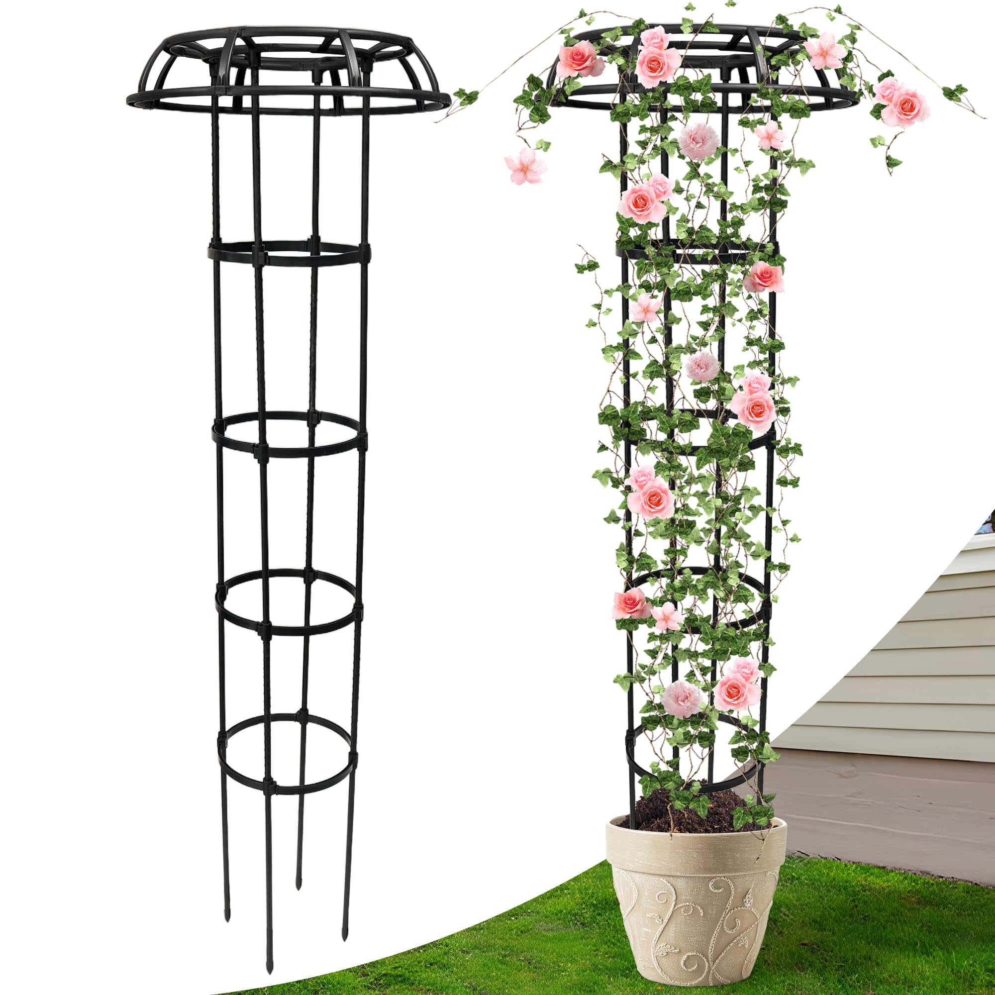 Anothera 65-inch garden trellis with mushroom top guides climbing vines gracefully.