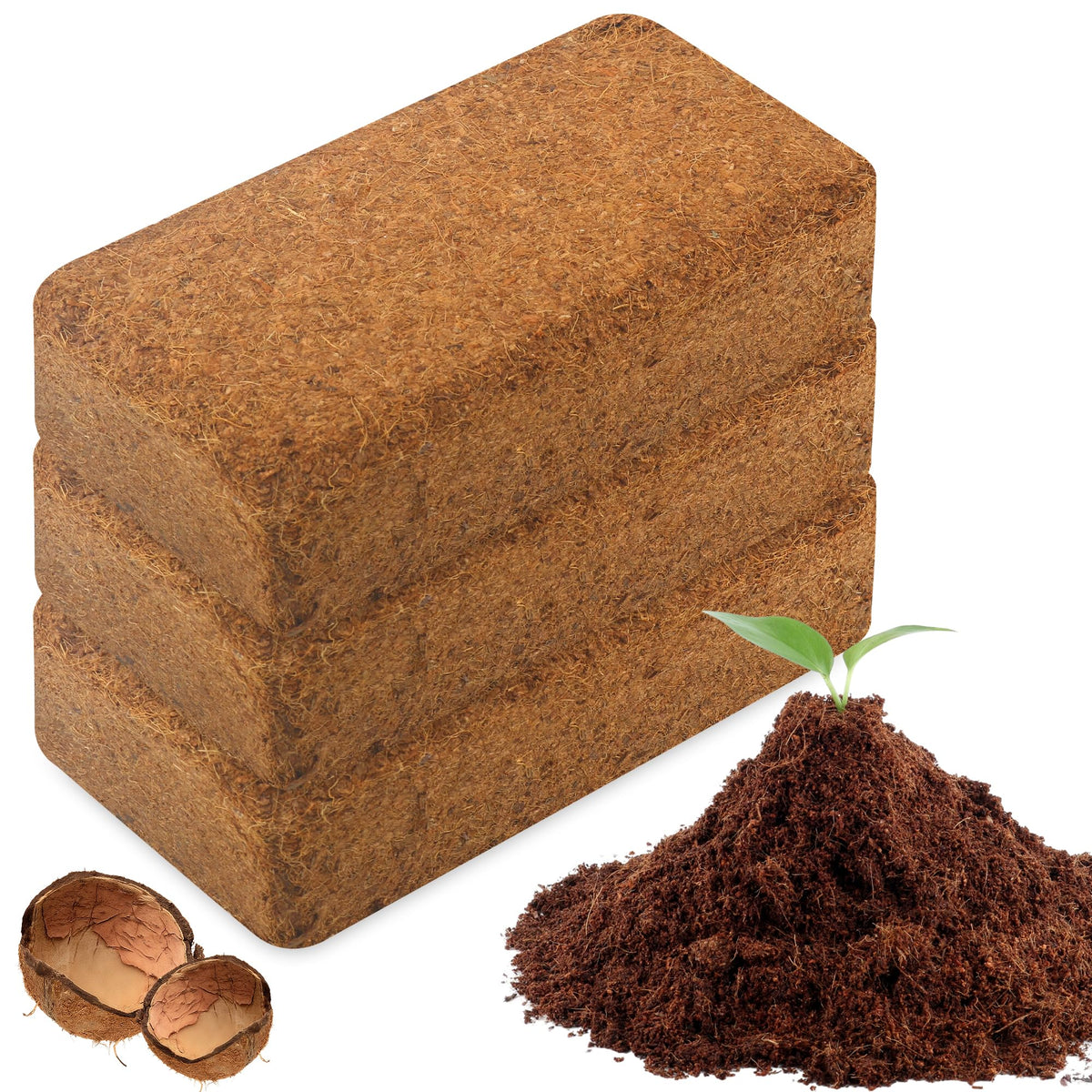 Anothera Coco Coir Bricks 3-pack shown as compact blocks saving space for urban gardening.