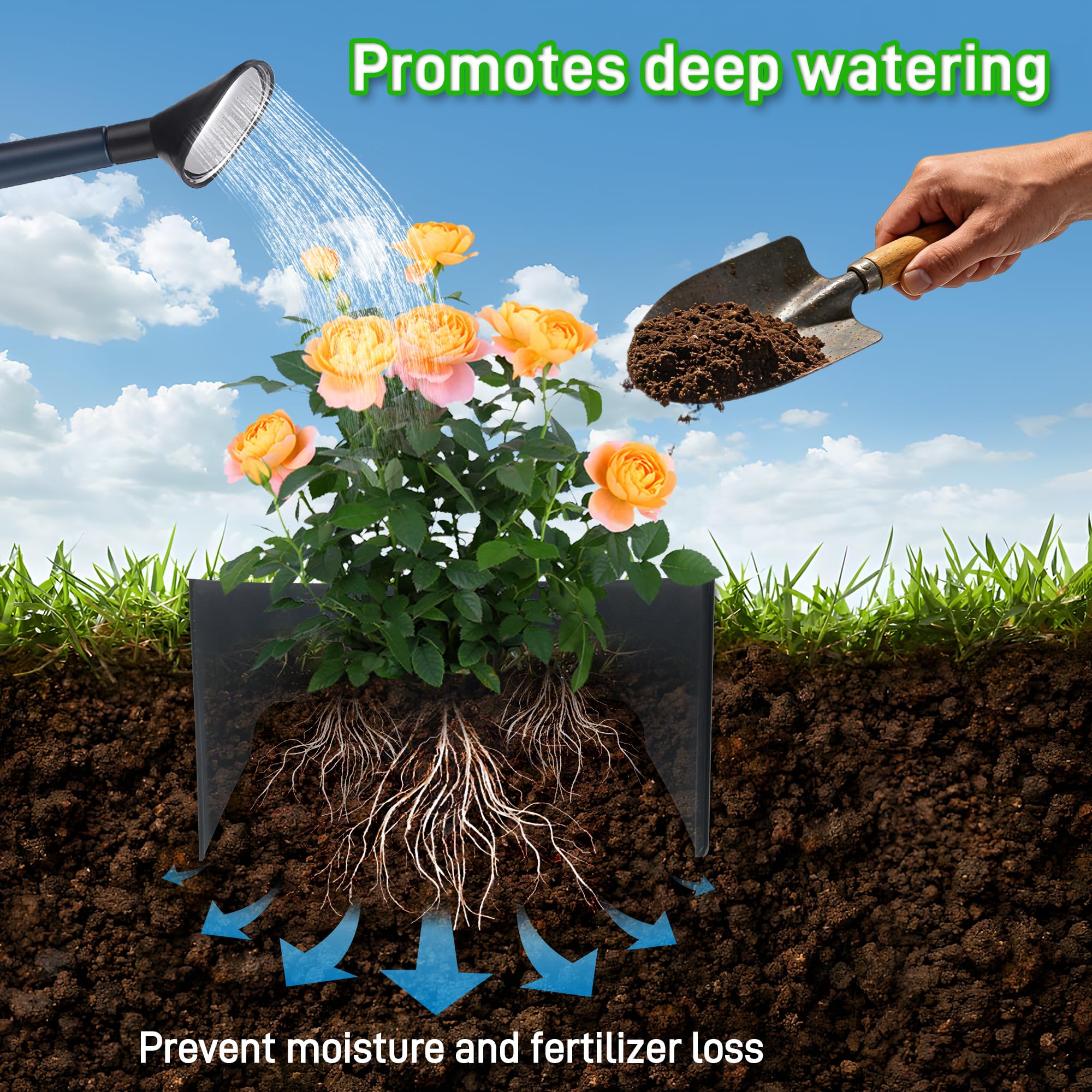 Anothera deep-watering ring directs moisture to the root zone for healthier roots.