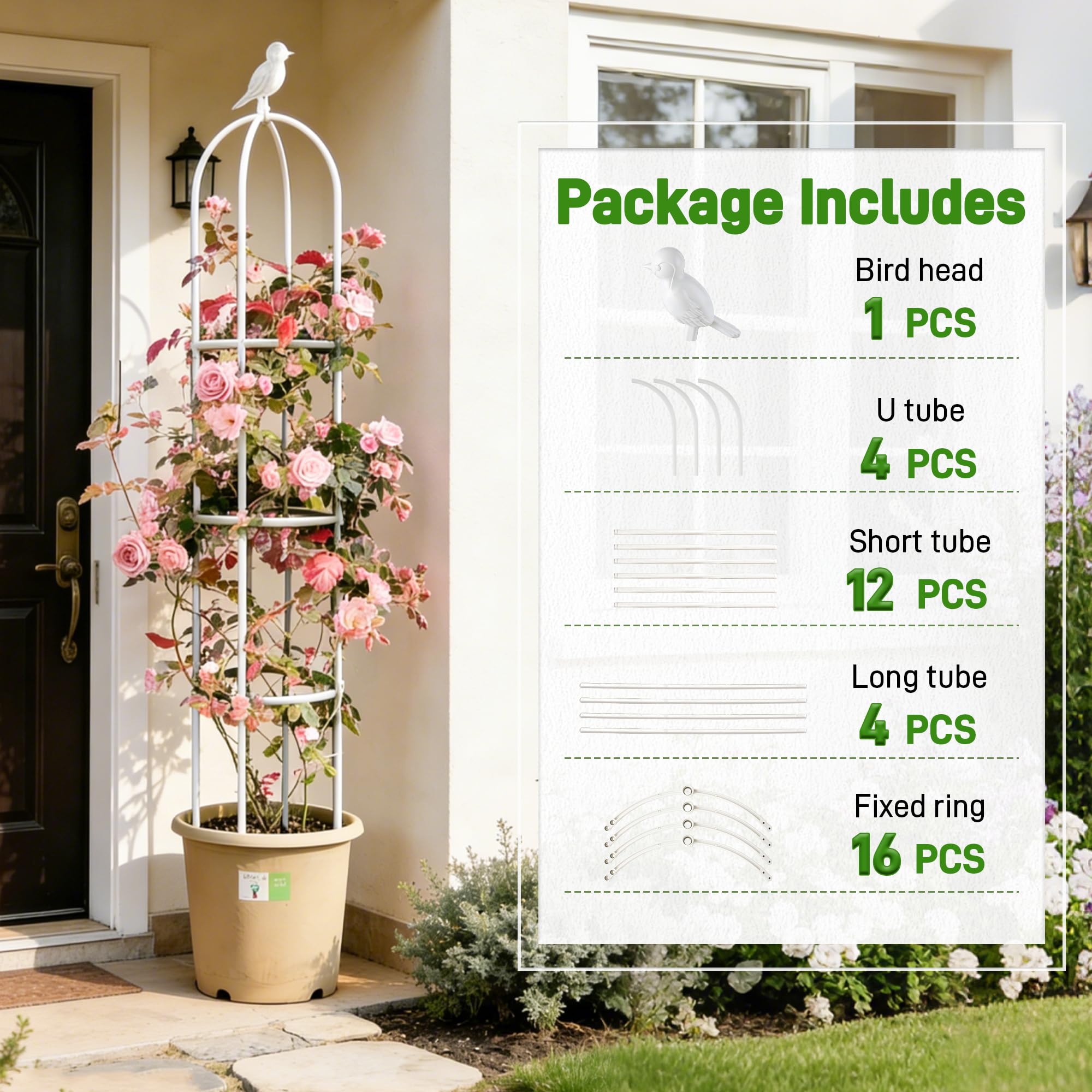 Anothera white-finish obelisk blends with modern garden aesthetics.