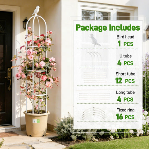 Anothera white-finish obelisk blends with modern garden aesthetics.