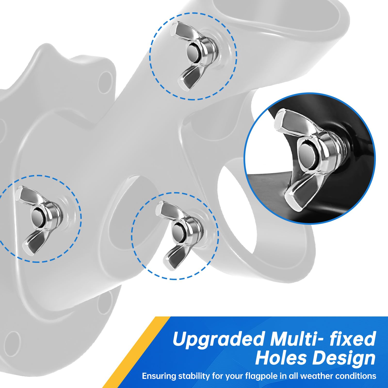 Anovo flag pole holder with three fixed holes improves stability in all weather.