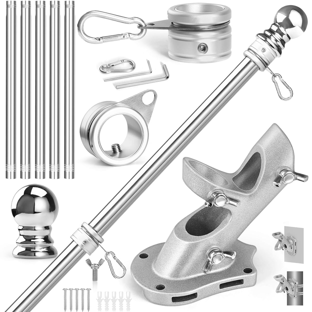 Anovo flag pole kit 6ft silver with durable stainless steel for outdoor display.
