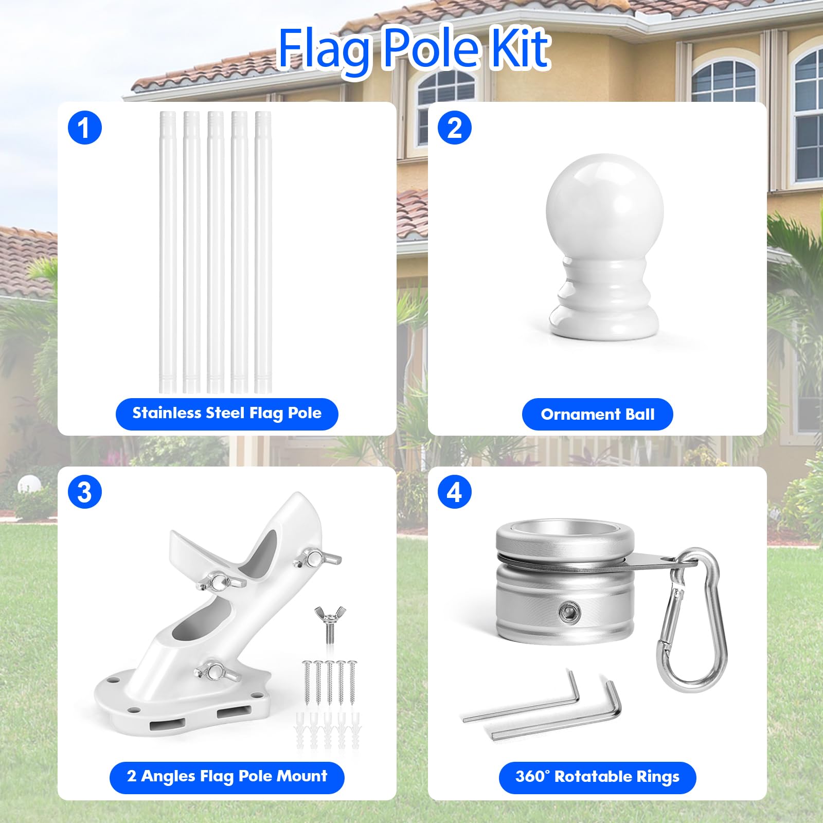 Anovo flag pole kit accessories include rings, ornament, and screws