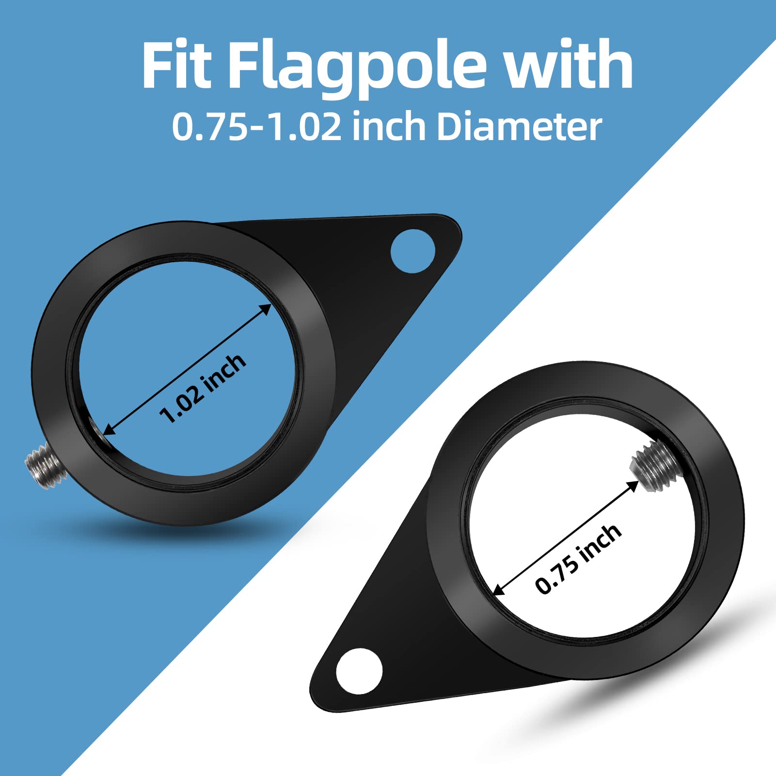 Anovo adjustable screws fit 0.75-1.02 inch flagpoles for versatility.