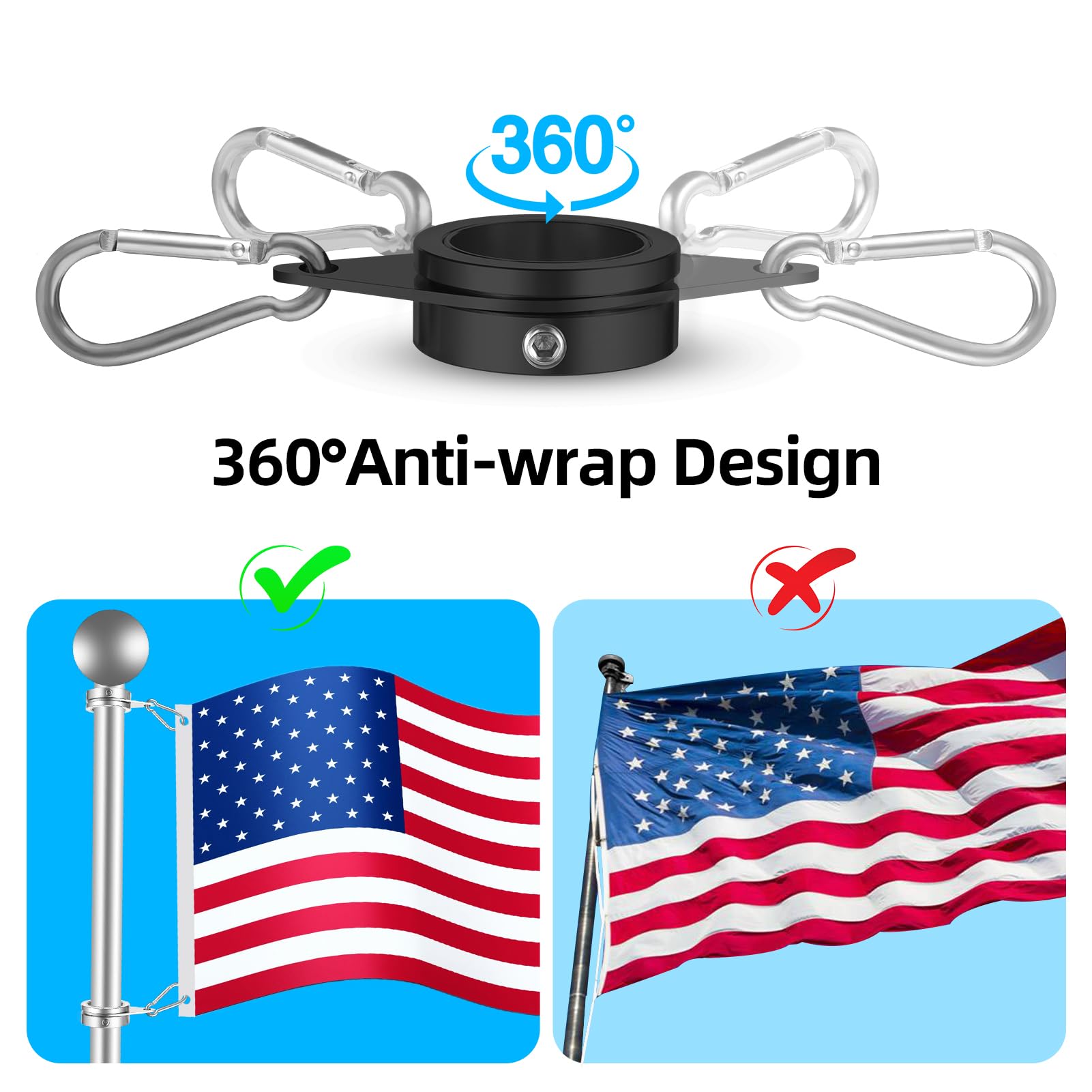 Anovo anti-wrap ring enables smooth flag motion in gusty winds.