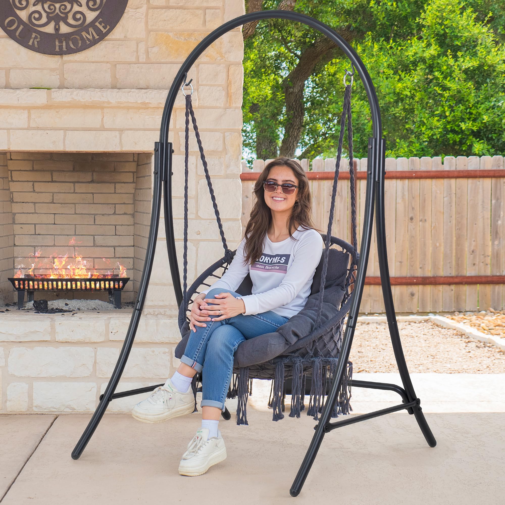 ANOW hammock chair with stand highlights durable steel frame for outdoor and indoor use.
