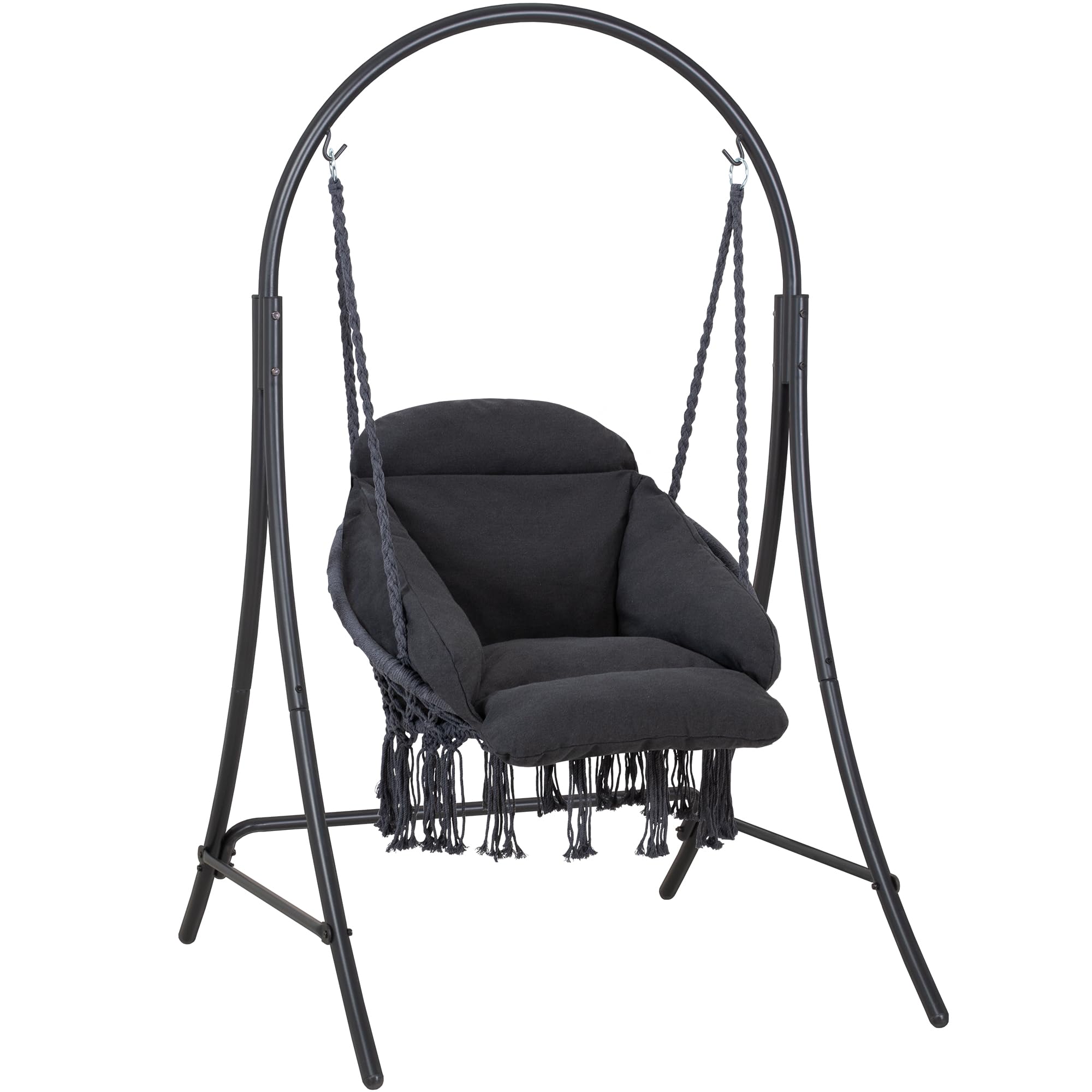 ANOW hanging swing chair with stand assembly view shows easy setup and sturdy support.