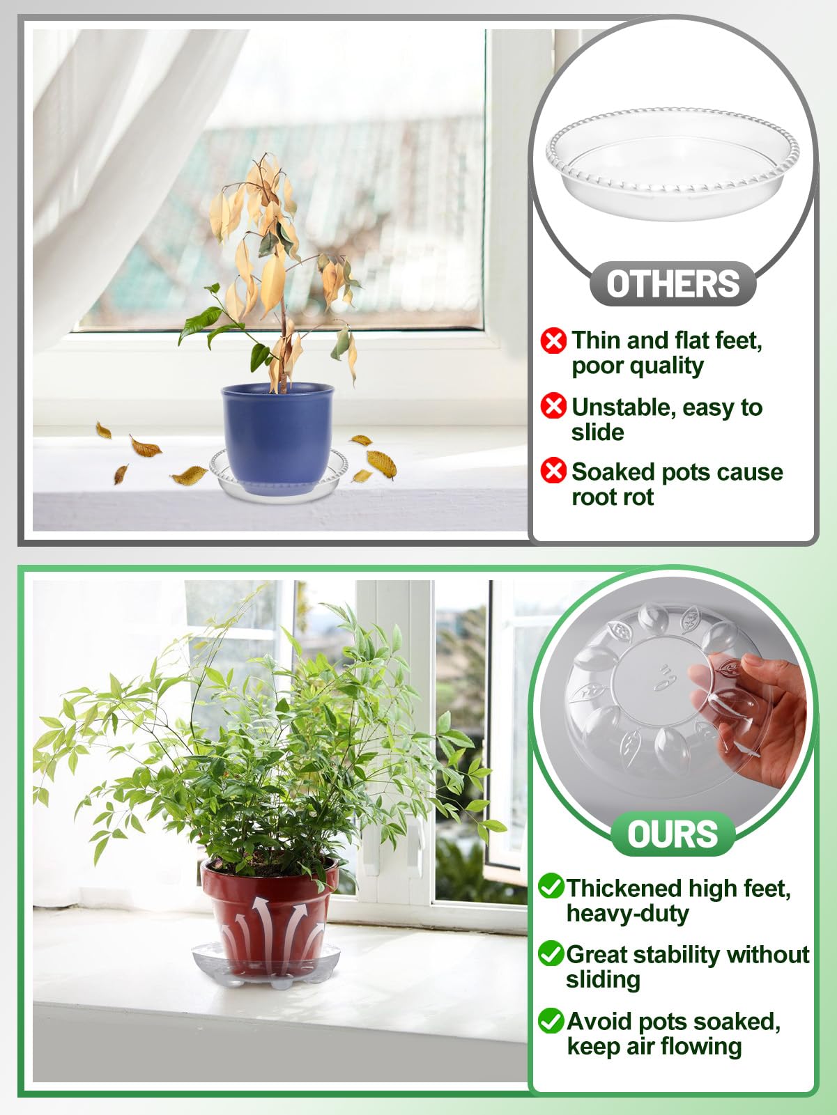 ANPHSIN 8-inch clear plant saucer with feet for versatile indoor outdoor use.