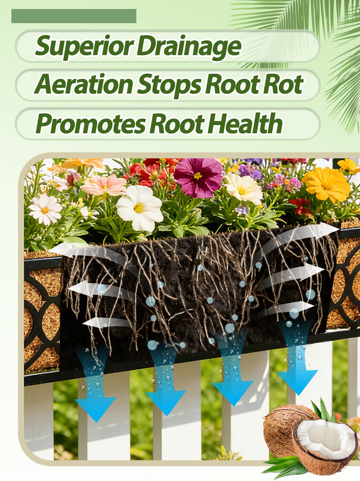 ANPHSIN durable coconut fiber liner improves soil stability for balcony railing planters.