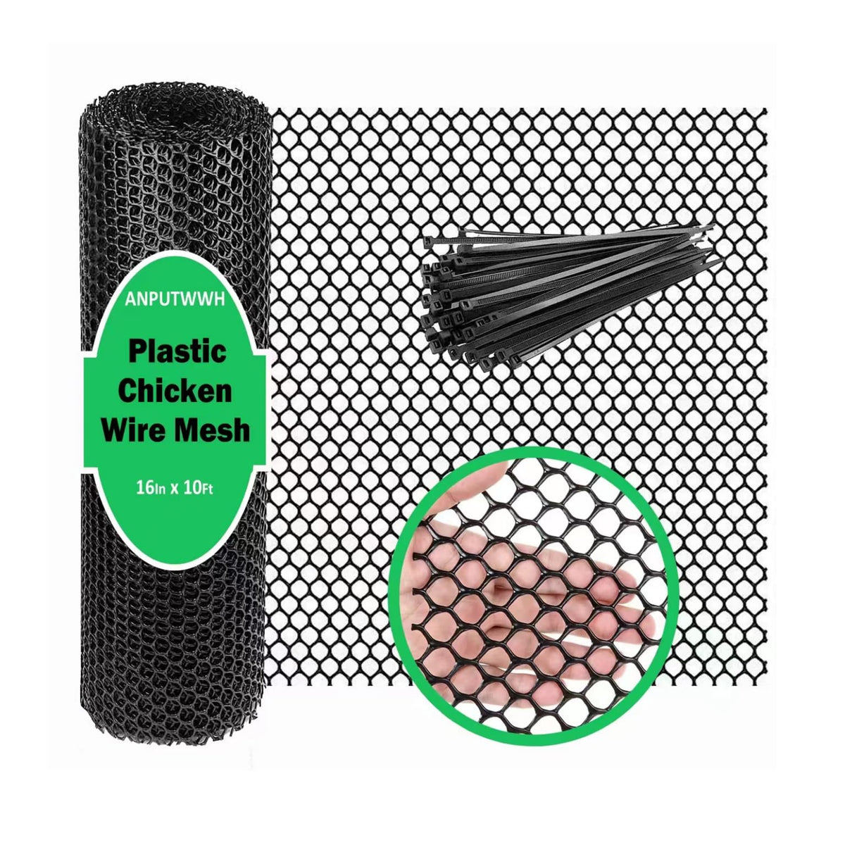 ANPUTWWH upgraded plastic chicken-wire fence mesh in black for durable garden fencing and lightweight setup