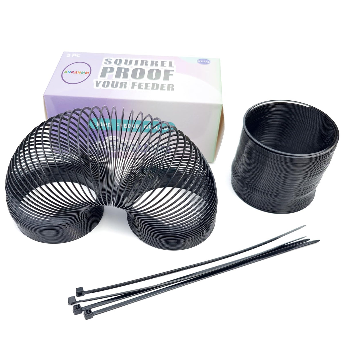 Anranmm squirrel-proof spring device protects bird feeders with a metal guard.