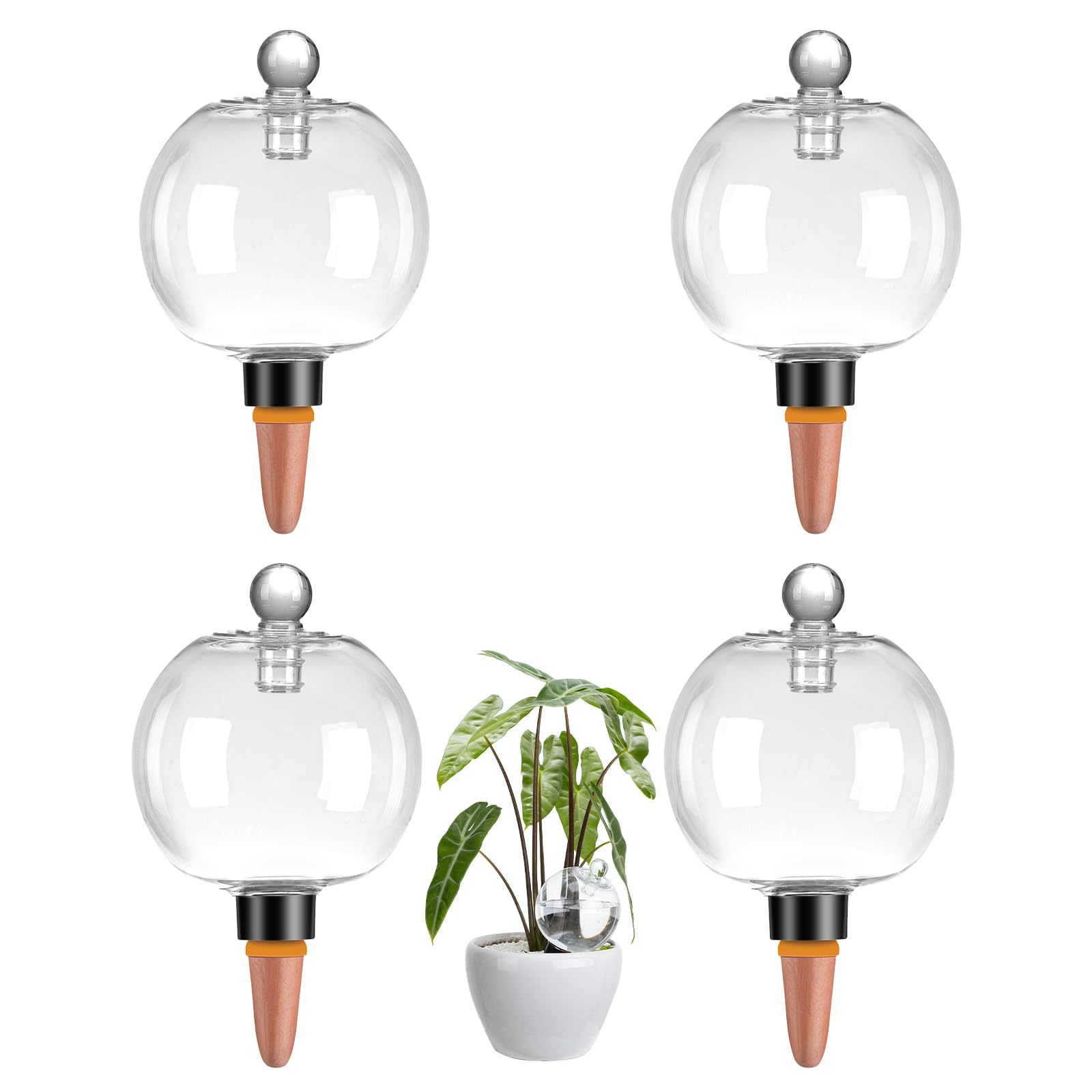 Ansberta 4-pack watering globes with covers in a potted plant, keeping soil evenly moist.