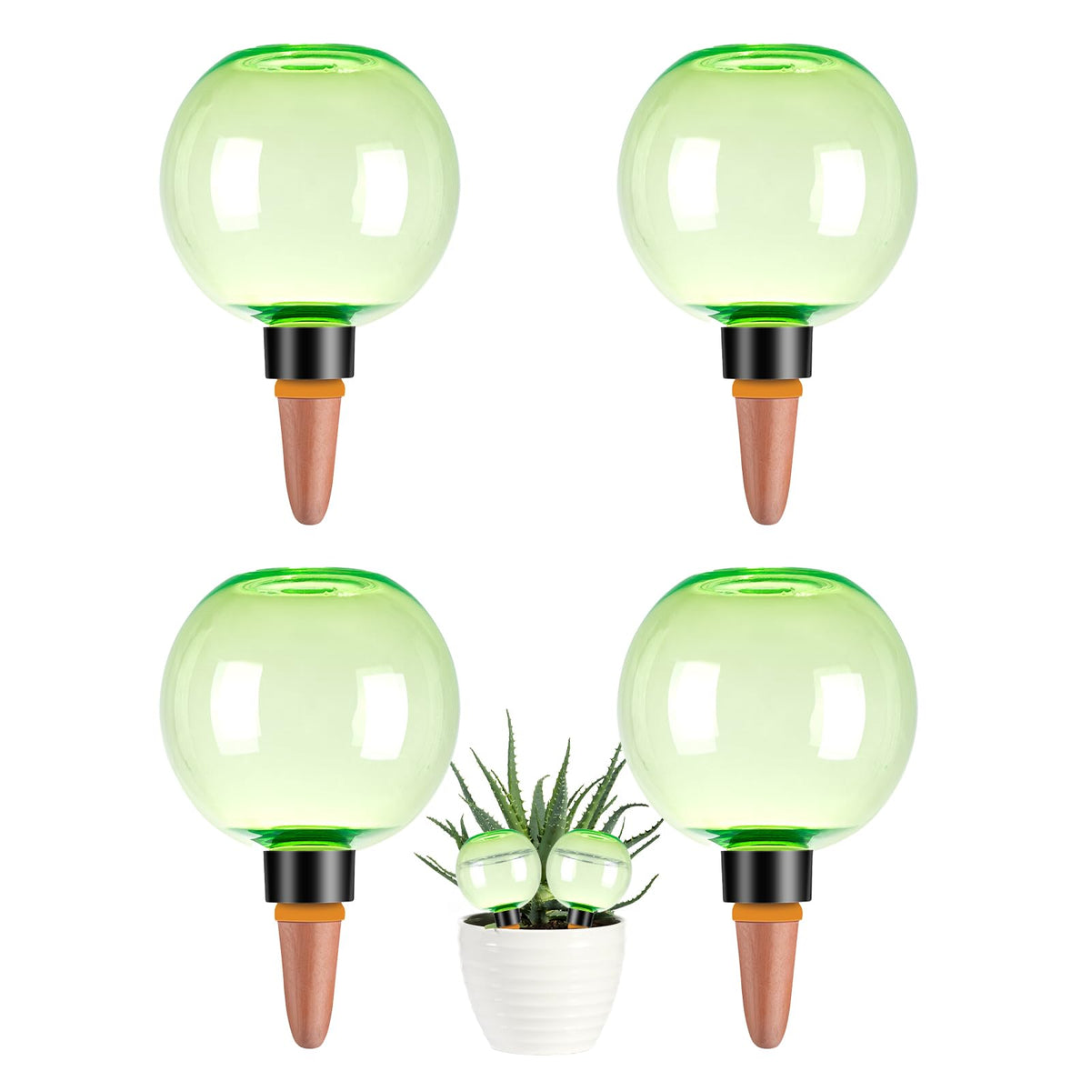 Ansberta 4-pack self-watering globes top-fill for easy plant hydration.
