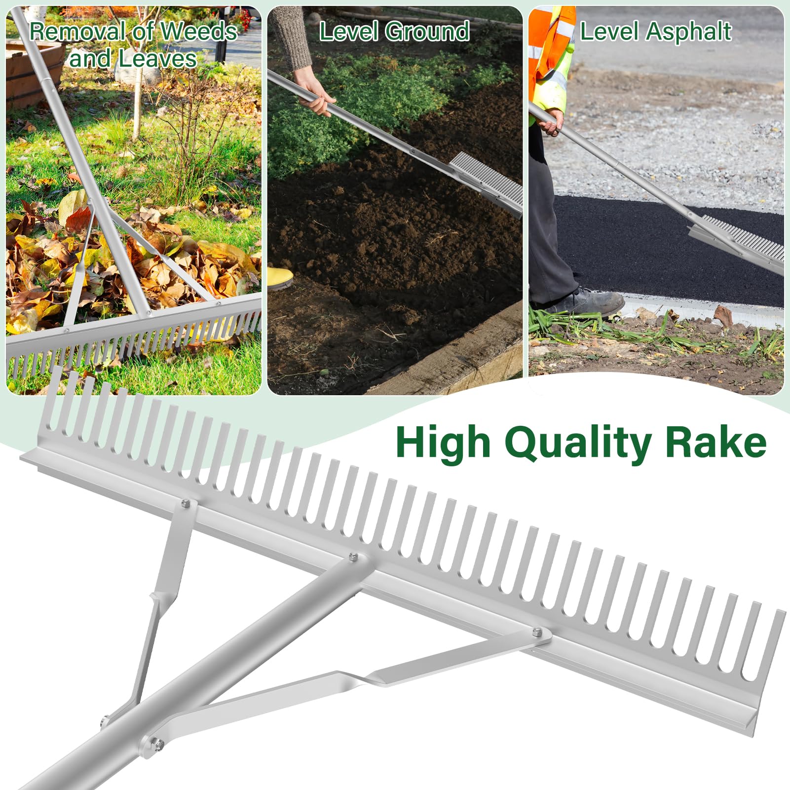 Ansgery landscape rake assembly and storage for easy setup.
