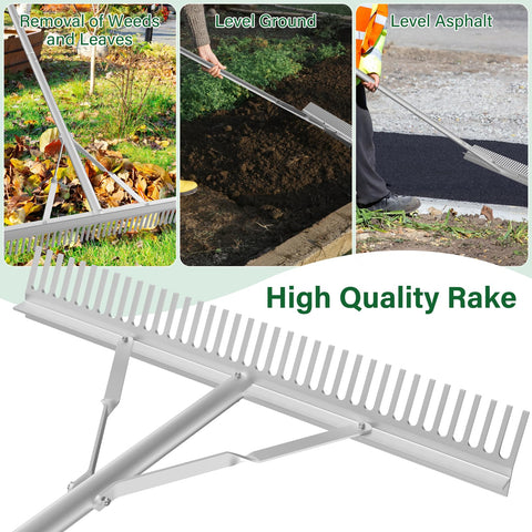 Ansgery landscape rake assembly and storage for easy setup.