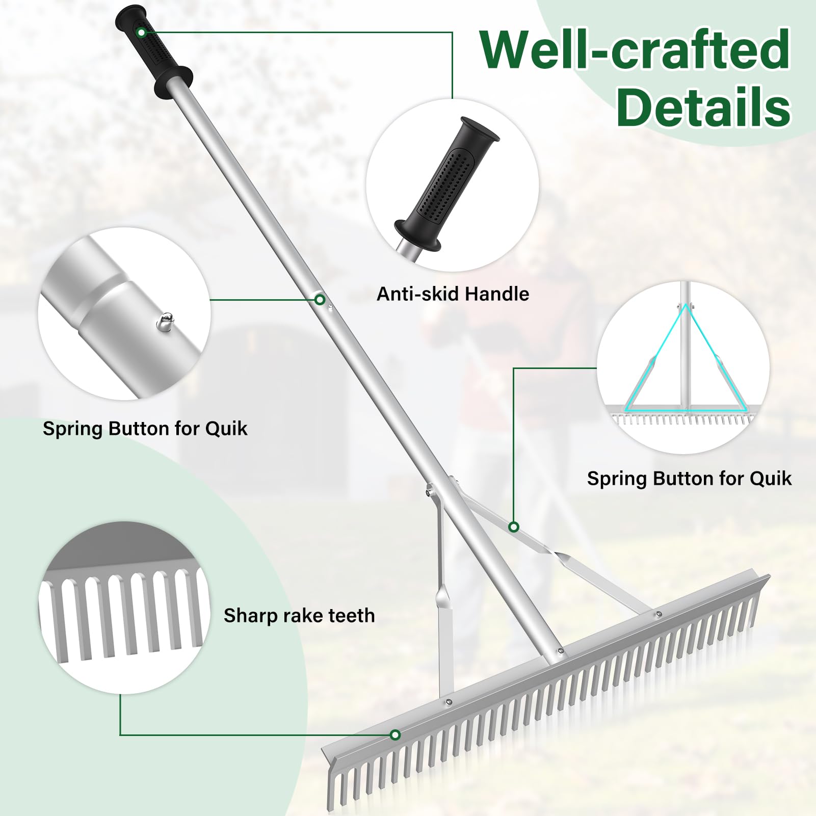 Ansgery landscape rake handle connection for enhanced stability.