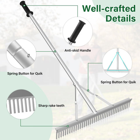 Ansgery landscape rake handle connection for enhanced stability.