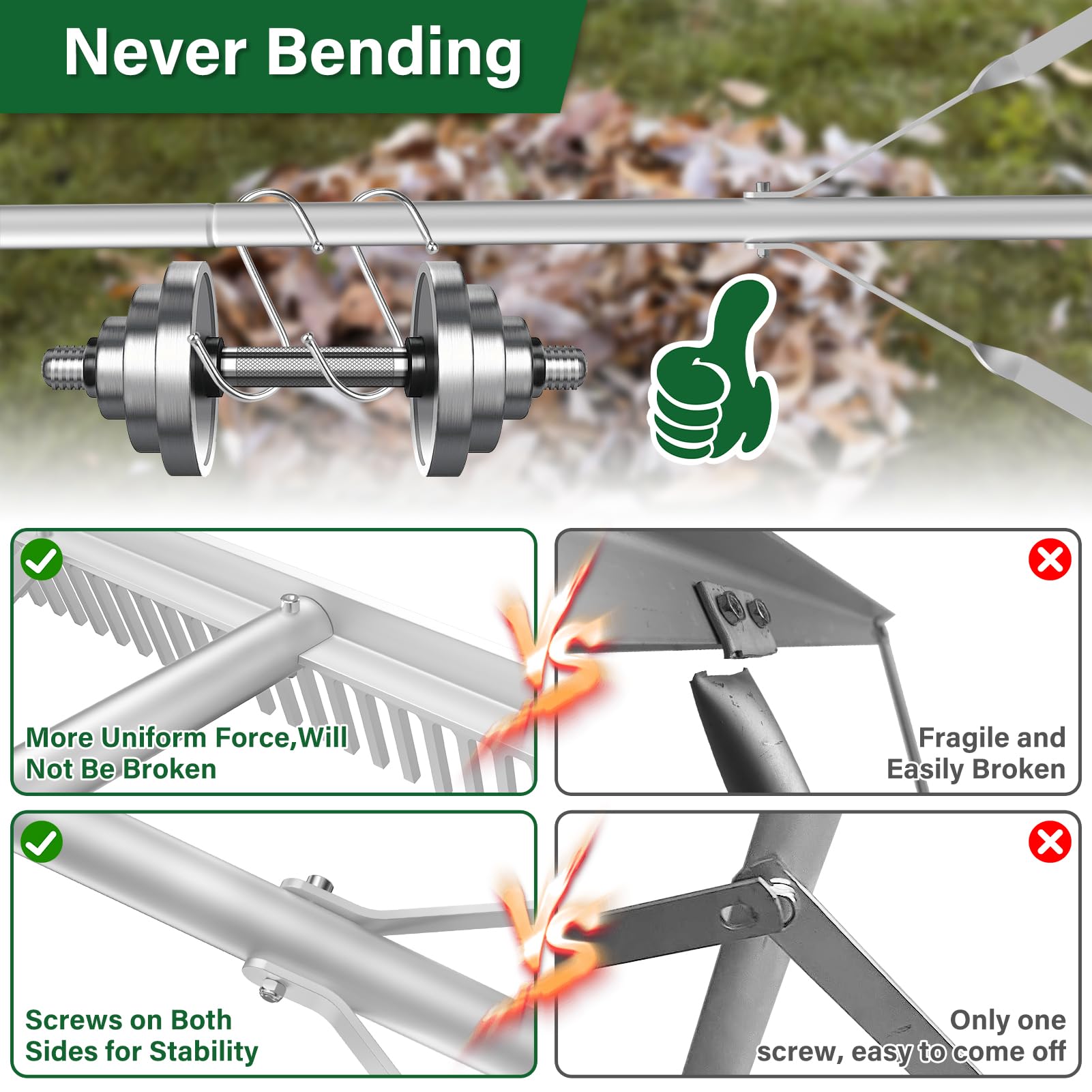 Ansgery landscape rake two-sides design for versatility.