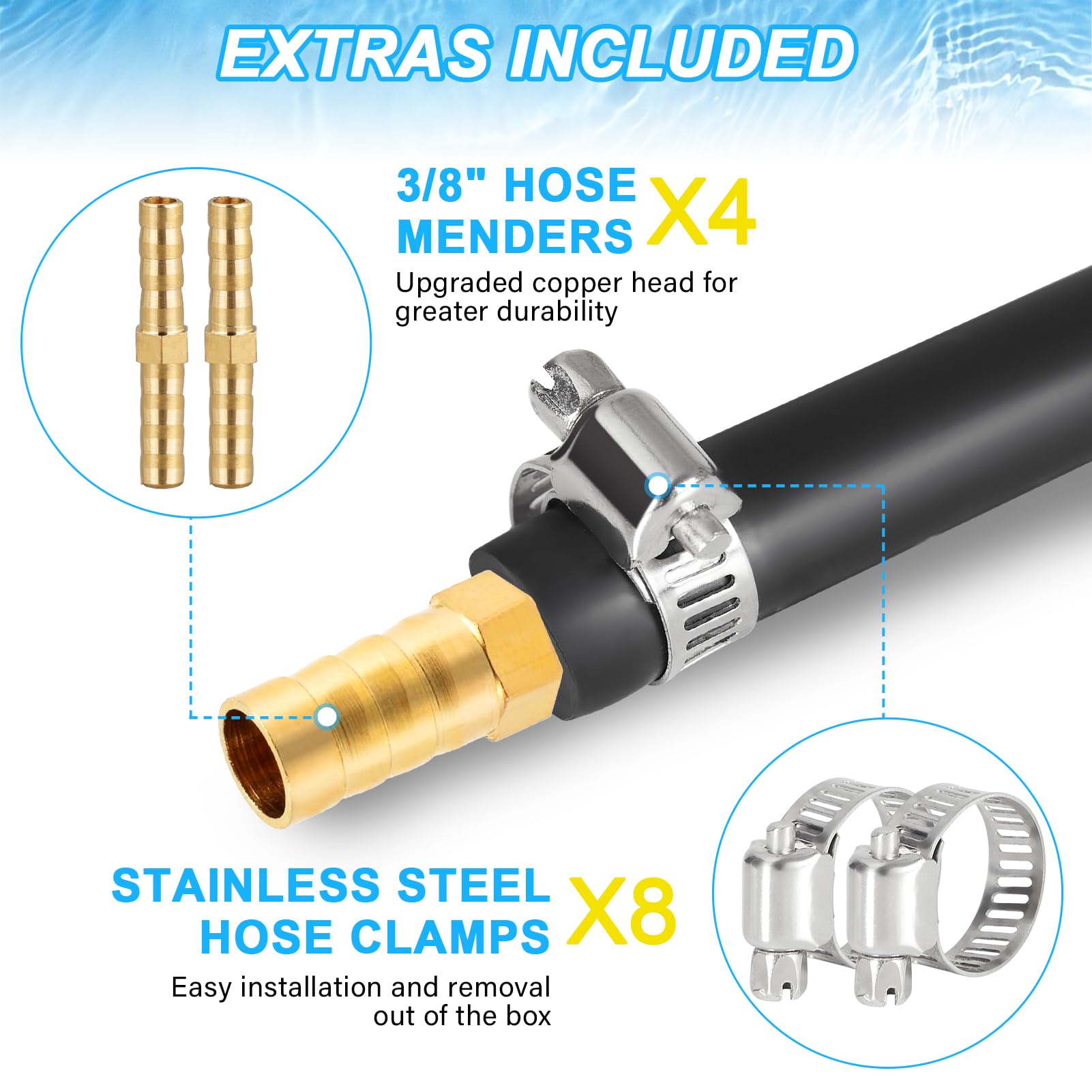 Ansgery stainless steel hose clamps for tight seals.