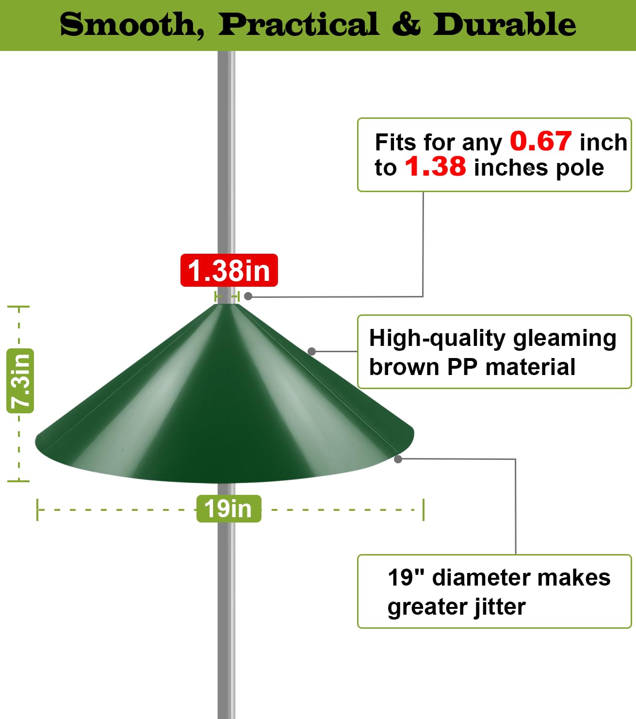 Ansionsol green squirrel baffle on outdoor pole deters climbing mammals while preserving bird food