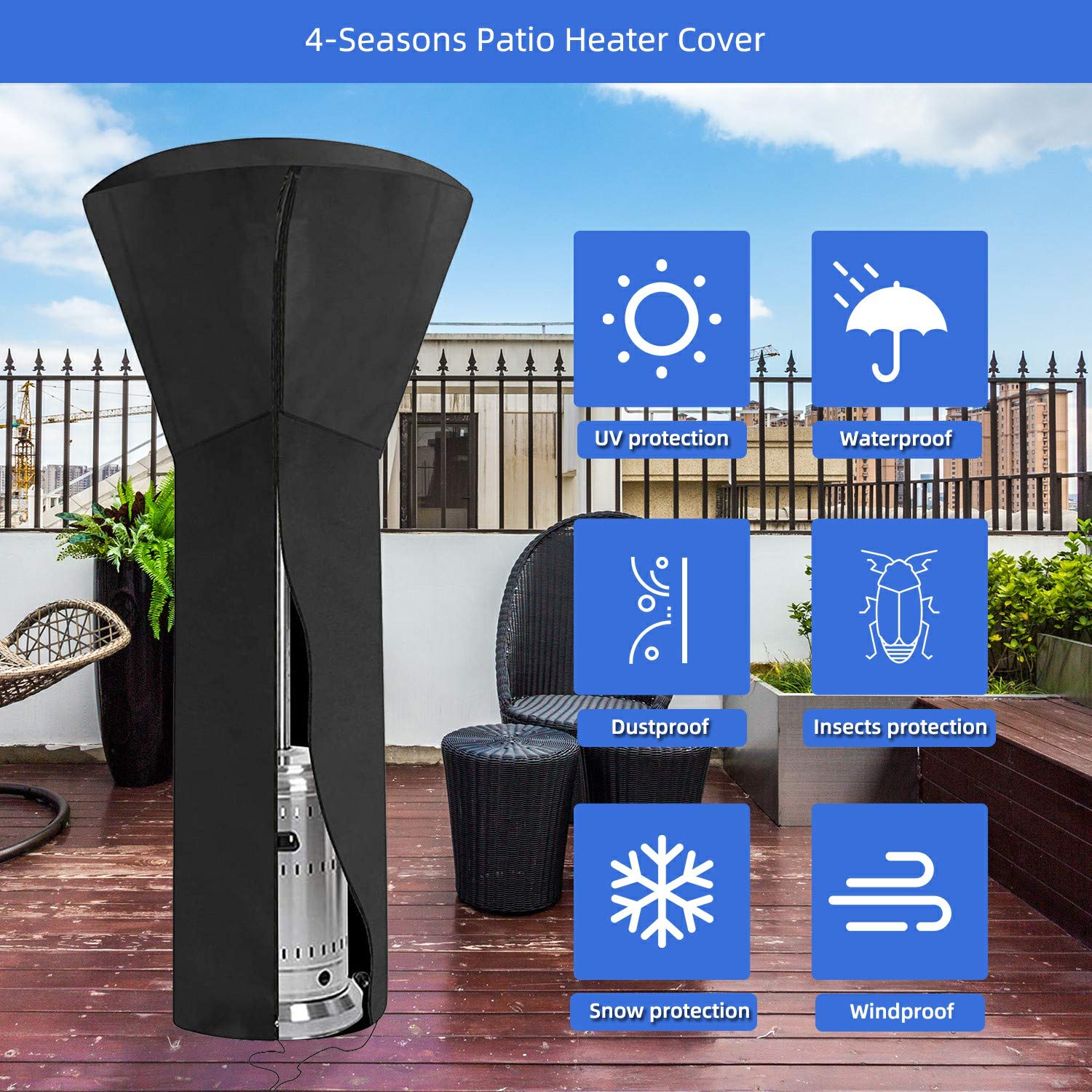 ANSTROUT weather-ready cover shields heaters from sun, dust, and rain.