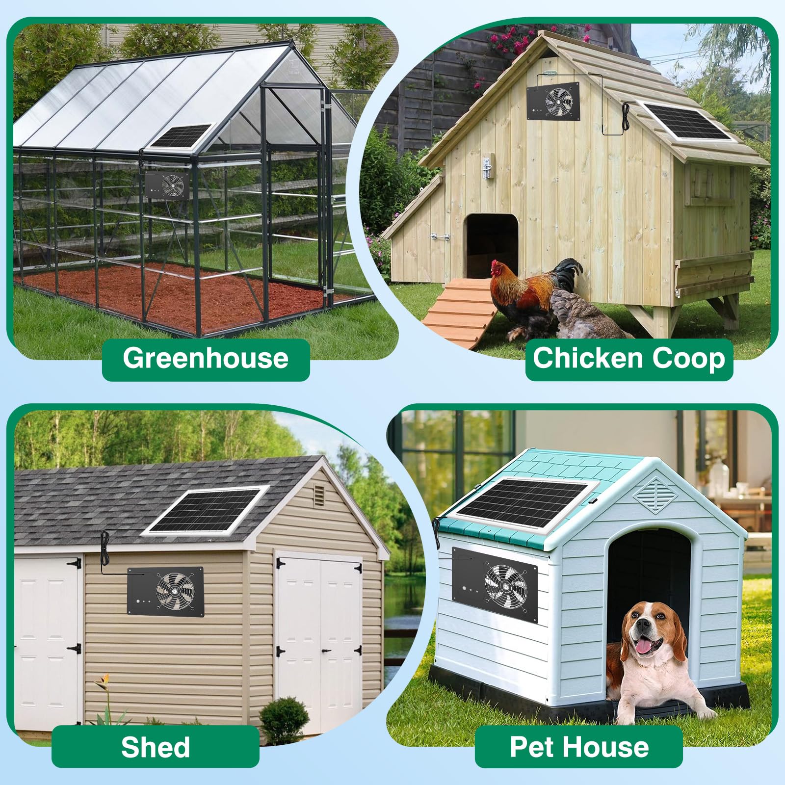 The ANTEQI solar fan in an animal house illustrates improved ventilation with dual airflow.