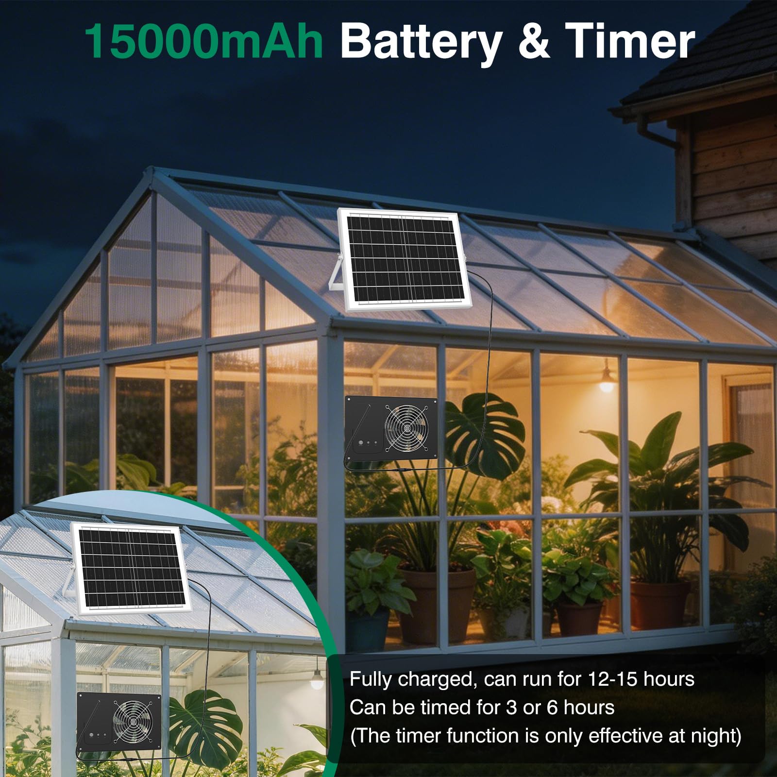 Front view of the ANTEQI solar fan showing a sturdy grill and robust panel for outdoor use.