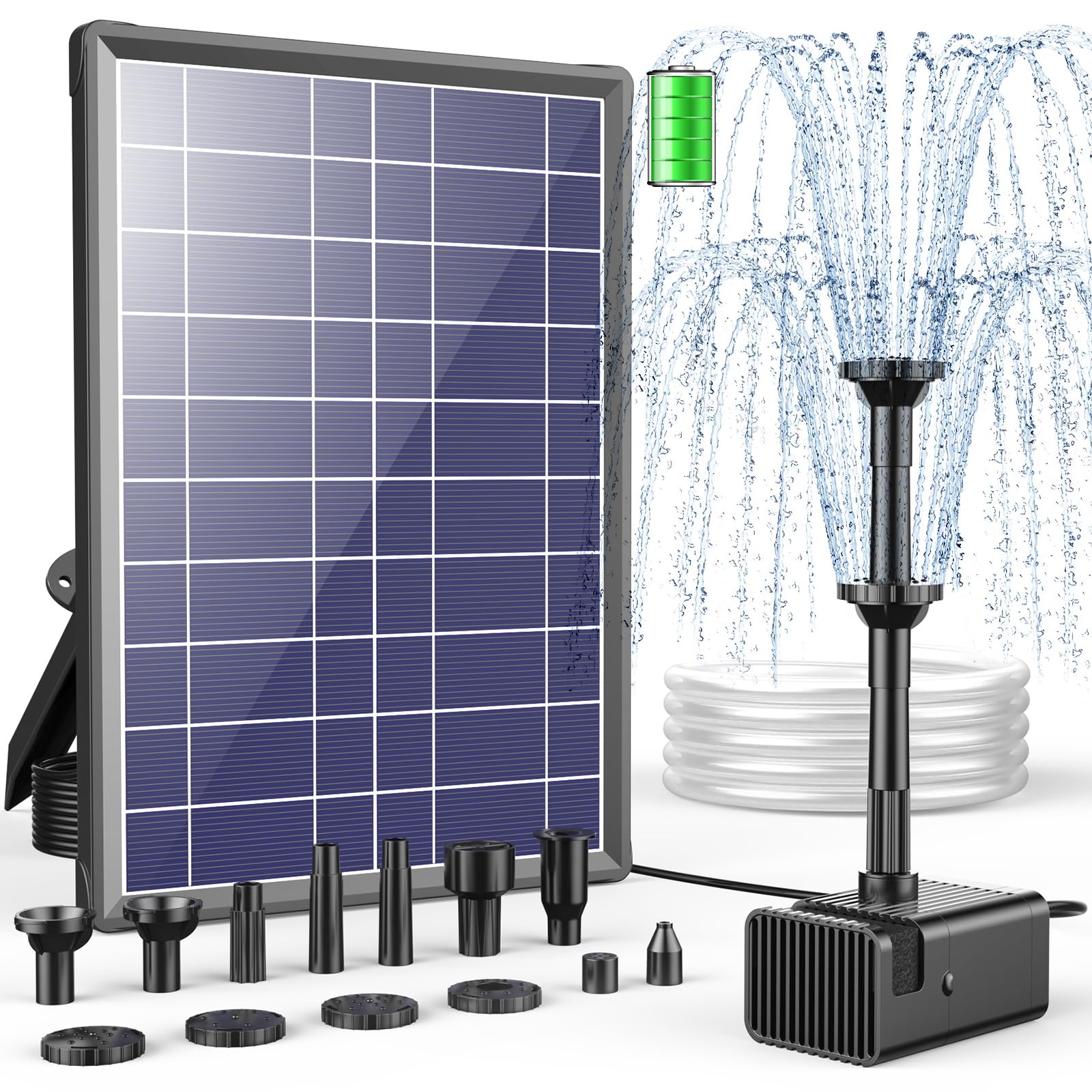 Antfraer 8W solar panel in sun powers a garden fountain for continuous spray