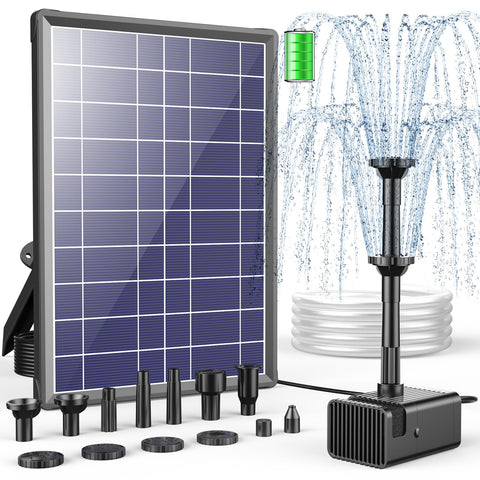 Antfraer 8W solar panel in sun powers a garden fountain for continuous spray